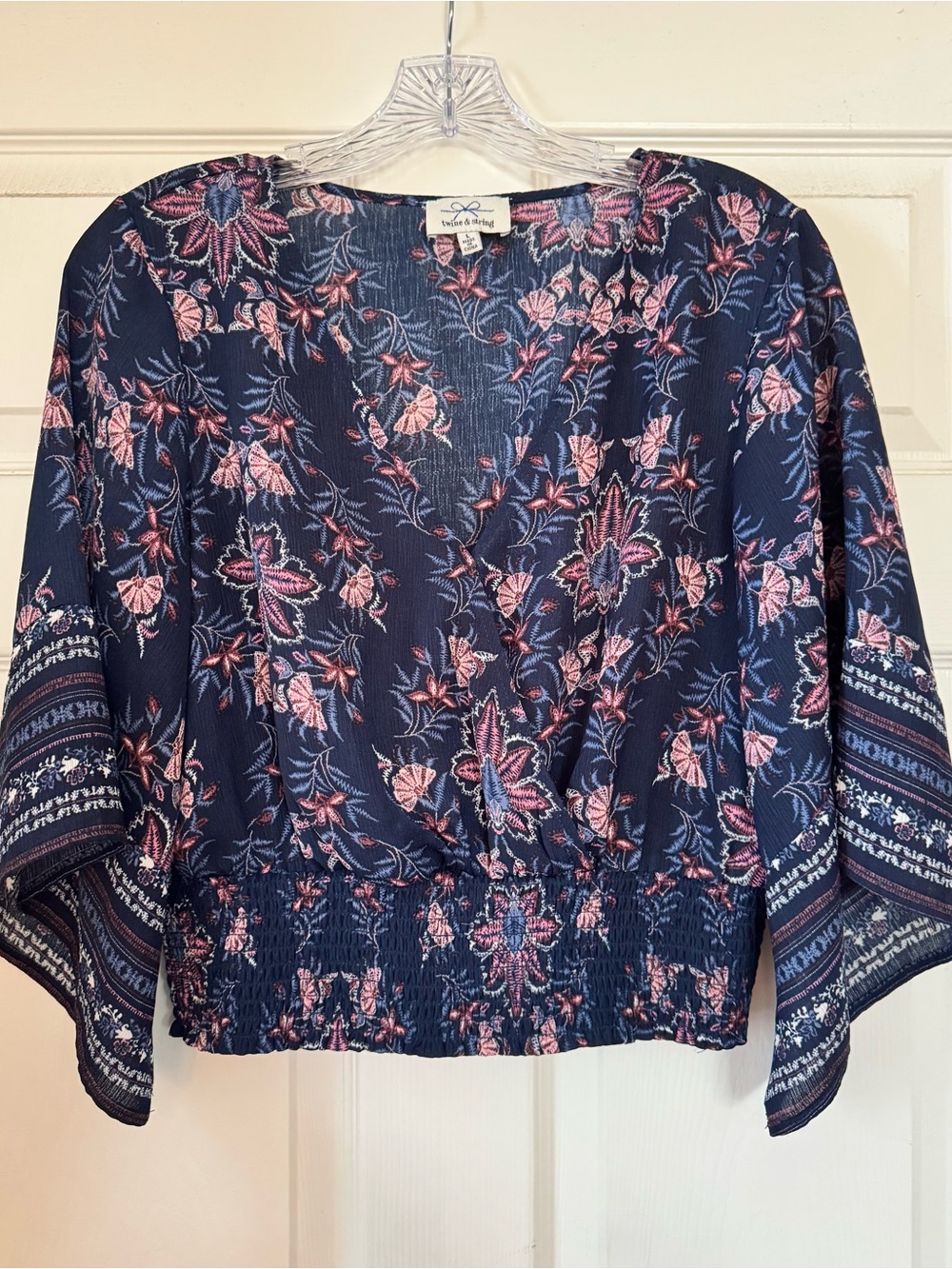 Twine & String Floral Bell Sleeve Smocked Waist Blouse Size L